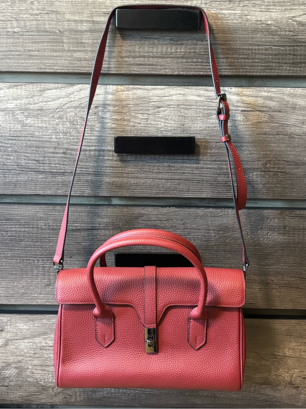 Structured Burgundy Pebbled Leather Satchel - Picture 9 of 9